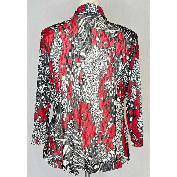 ERIN LONDON BLACK WHITE & RED SHEER JACKET STYLE LONG SLEEVE WOMEN'S SHIRT SZ LG - Picture 2 of 7